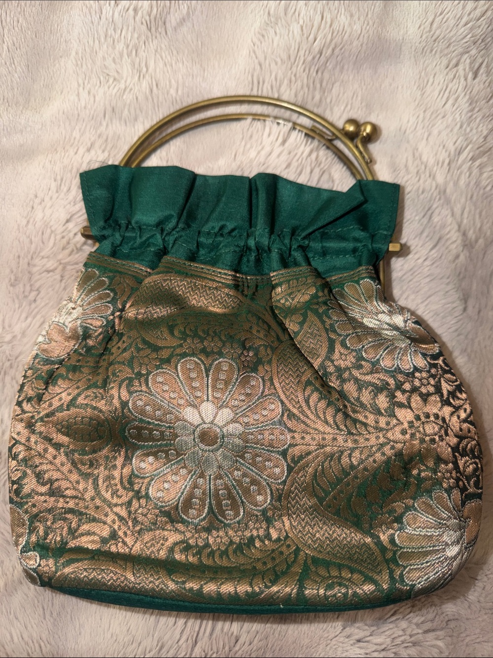 Vintage Fabindia Green and Gold Brocade Evening Clutch with Metal Handle